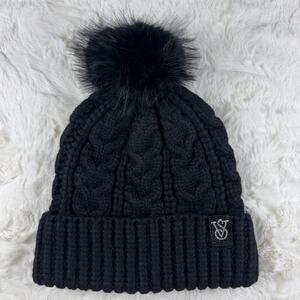 Victoria's Secret Beanie Hat Women's Pretty Black Cozy Cable-Knit Pom Pom NWT
